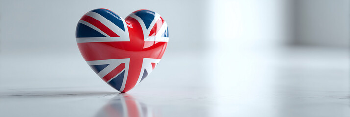 3D heart with UK flag colors (red, white, blue), standing on a reflective floor, isolated on a pure white background.