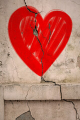 Betrayal. Red heart on cracked old wall