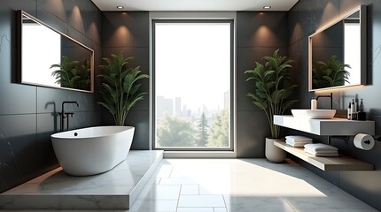 Luxurious modern bathroom with freestanding bathtub and large window overlooking lush green trees