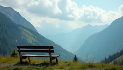 Mountain View with a Wooden Bench