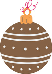 Brown Christmas ornament ball with dots and white stripes, flat vintage retro bauble