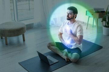 Man meditating in Lotus pose at home. Rainbow bubble around him representing aura