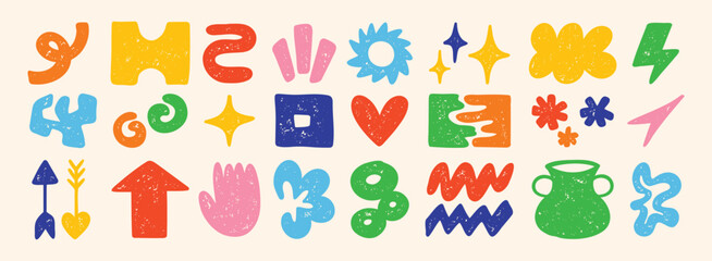 Cute abstract doodle shapes. Set of various modern kids hand drawn stars, hearts, clouds, flowers stickers. Retro comic figure