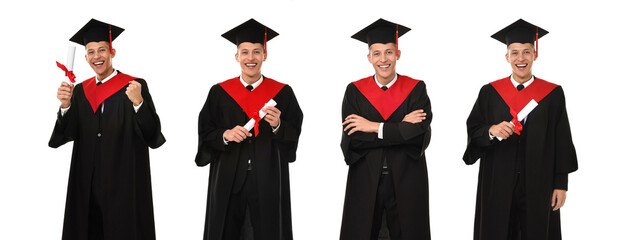 Happy student in graduation gown and mortarboard, collage of portraits on white background