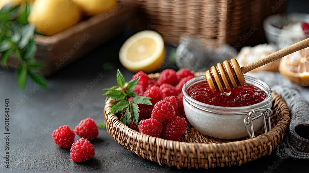 Aufkleber delicious raspberry jam with honey served in a rustic basket surrounded by fresh raspberries and lem