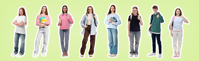 Teenage girls and boy on light green background, collection of portraits with outlines