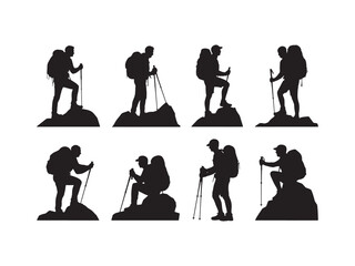 Collection of hiker silhouettes on mountain peaks isolated on white background