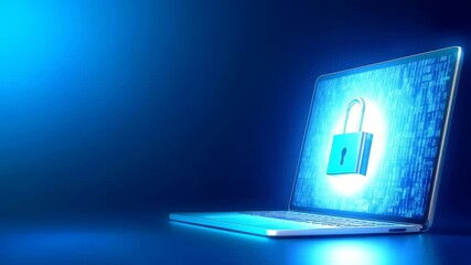 Laptop with digital lock symbol on screen representing online security, binary code background, blue technology lighting. - Powered by Adobe