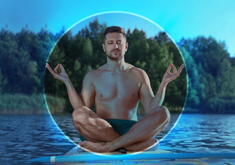 Man meditating in Lotus pose on SUP board. Bubble around him representing aura