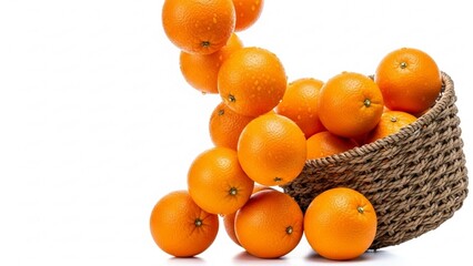 Flying Orange Fruits Isolated on White. Fresh Oranges with Water Drops in a Wicker Basket. Creative Composition of Levitating Oranges