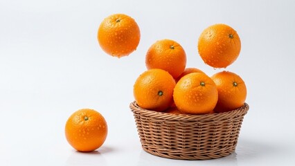Flying Orange Fruits Isolated on White. Fresh Oranges with Water Drops in a Wicker Basket. Creative Composition of Levitating Oranges