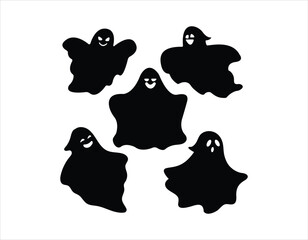 Playful Collection of Five Happy Black Halloween Ghosts with White Faces and Smiling Expressions Floating Against a Bright White Background