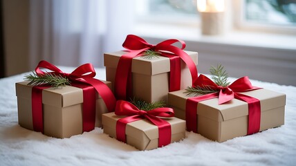 Obraz premium Wrapped Christmas Gifts with Red Ribbons and Pine Sprigs