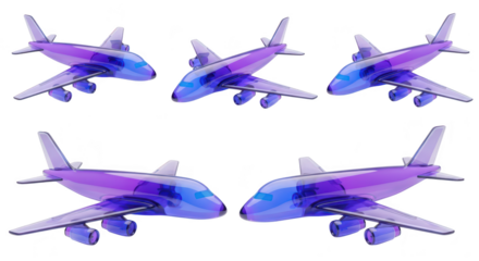 A 3D-rendered clear purple airplane rotating on a white backdrop for concept art or illustration purposes
