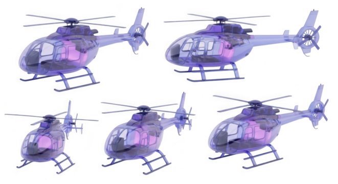 Transparent purple model helicopters in various poses on a white surface for conceptual aviation or design illustrations