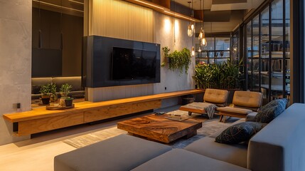 modern living room with beautiful luxury floor,beautiful lights,tv,sofa and beautiful some decoration pieces