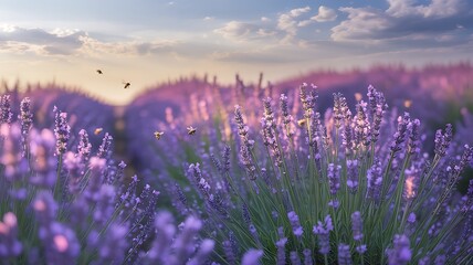 Obraz premium Lavender field with bees at sunset with soft light
