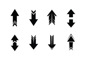 Collection of eight black directional arrows on white background up arrow down arrow