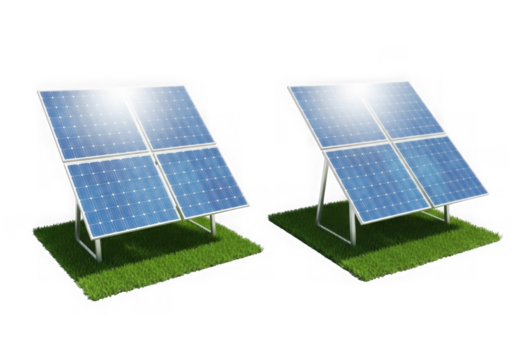 Two solar panels stand on green grass isolated on transparent background - Powered by Adobe