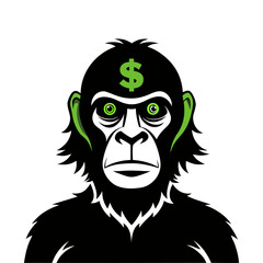 Silhouette of Cool Ape with Dollar Sign Eyes – Wealthy Monkey Vector Art for Finance, Business, Money-Themed Design, Trendy Street Art Style Illustration.