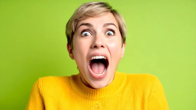 Close-up of a young adult female's face with wide eyes and an exaggerated open mouth in a comically shocked expression