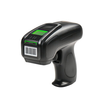 Black handheld scanner with green screen and barcode reader technology, Isolated On White, Png Transparent, Cut Out