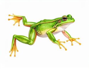 Frog leaping forward, detailed green body, stretched legs, isolated on white, watercolor style, energetic movement