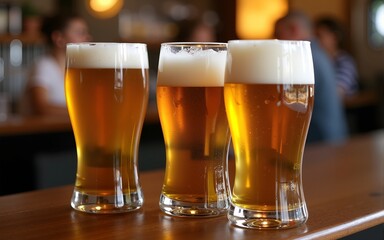 Cold glasses of beer in a bar. International beer day. High quality