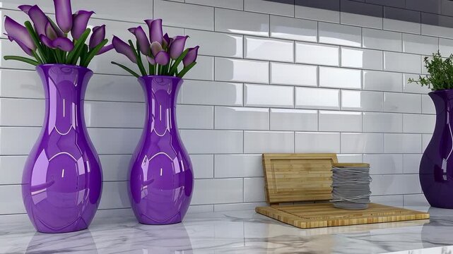 Vibrant purple vases filled with fresh flowers complement a chic kitchen countertop adorned with natural elements and a cutting board