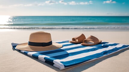 Beach towel with hat and sandals by the ocean striped