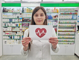 Woman medical worker or pharmacist holding a paper with a heart symbol and an electrocardiogram inside. Human healthcare and wellbeing concept. Health insurance and good life