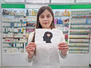 Woman medical worker holding a crumpled paper with an exploded head silhouette. Mental health and human memory loss concept. Physical and emotional well-being in a thoughtful symbolic scene