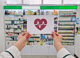 Female pharmacist hands holding a paper with a heart symbol and an electrocardiogram inside. Human healthcare and wellbeing concept. Health insurance and good life