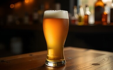 Cold light beer in a glass on a dark table. High quality