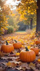 Large Freshly Picked Orange Pumpkins on a Road Covered with Yellow Fallen Leaves in an Autumn Forest