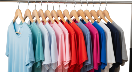Rack of rainbowcolored shortsleeve shirts