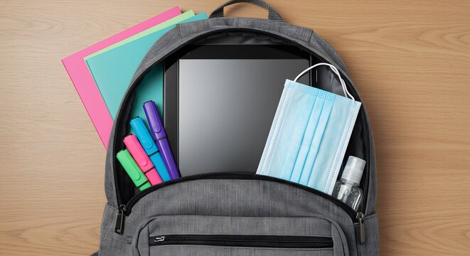A backpack with schoolar materials, tablet, and higienic props