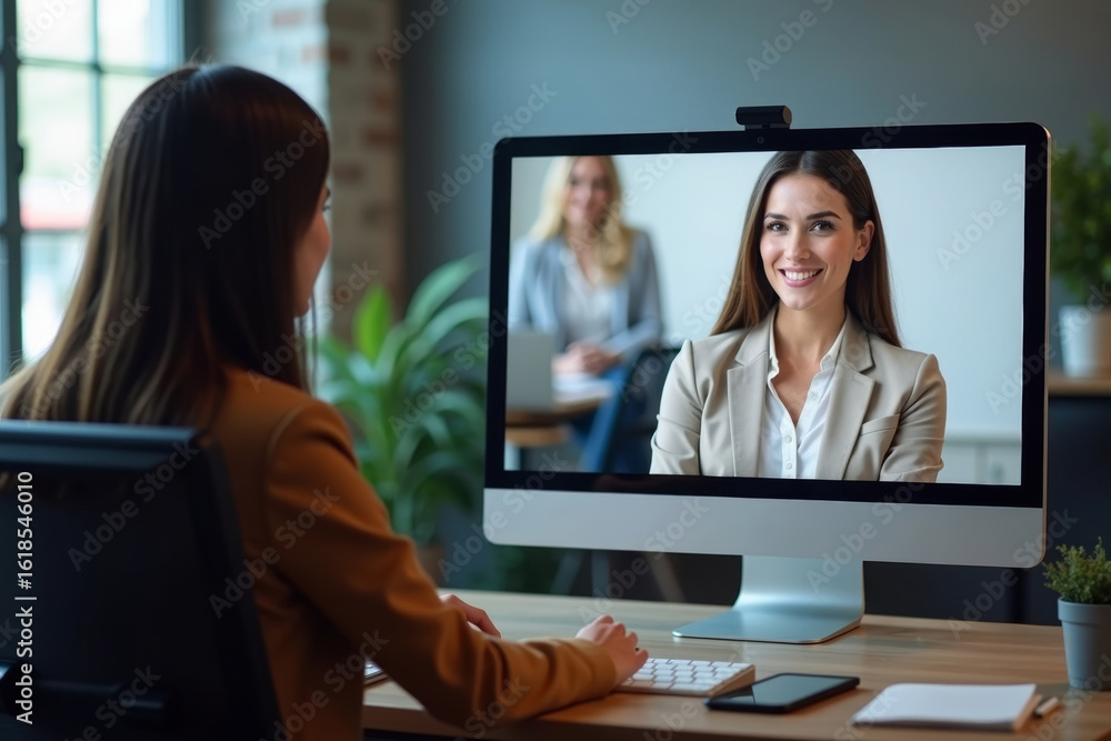Aufkleber professional dressed individual in front of computer screen, utilizing fake office background for vi