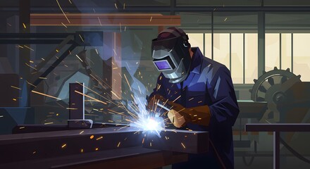 A welder actively engaged in the process of welding in a workshop setting