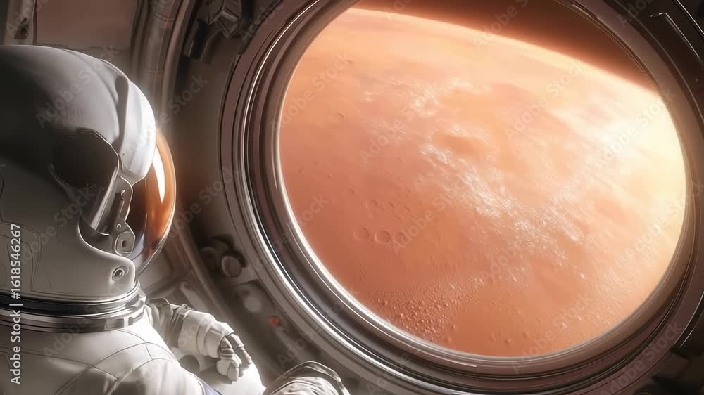 Poster astronaut in white spacesuit observing mars surface through spacecraft window. reddish-orange planet