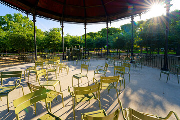 Kiosk and public chairs in the Luxembourg Garden. 6th arrondissement of Paris city