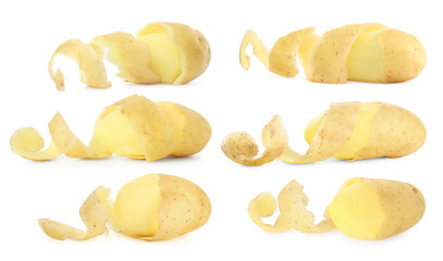 Fresh potatoes with peels isolated on white, set