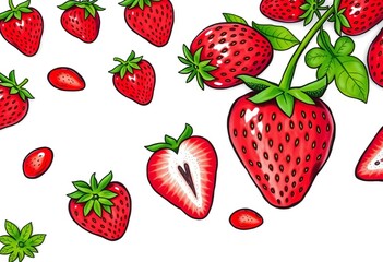 Hand-drawn doodle strawberries, whole & halved, red berries with green leaves, isolated on white,  doodle,  half