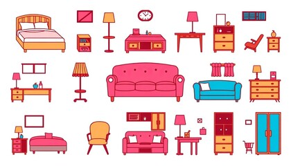 Isolated vector icons of various furniture and home decor pieces including beds, chairs, sofas, desks, and storage units,  interior elements,  bedroom set