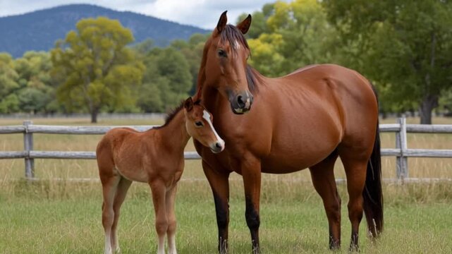 A brown mare stands in a field as a foal nudges her face affectionately Mountains are in the background