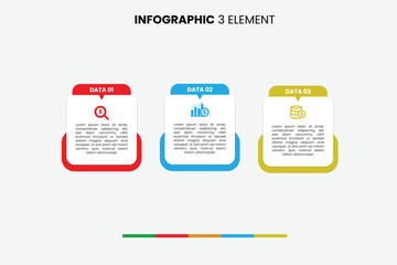 Minimalist 3-element infographic template with distinct colored data boxes and financial icons. Ideal for business presentations and reports