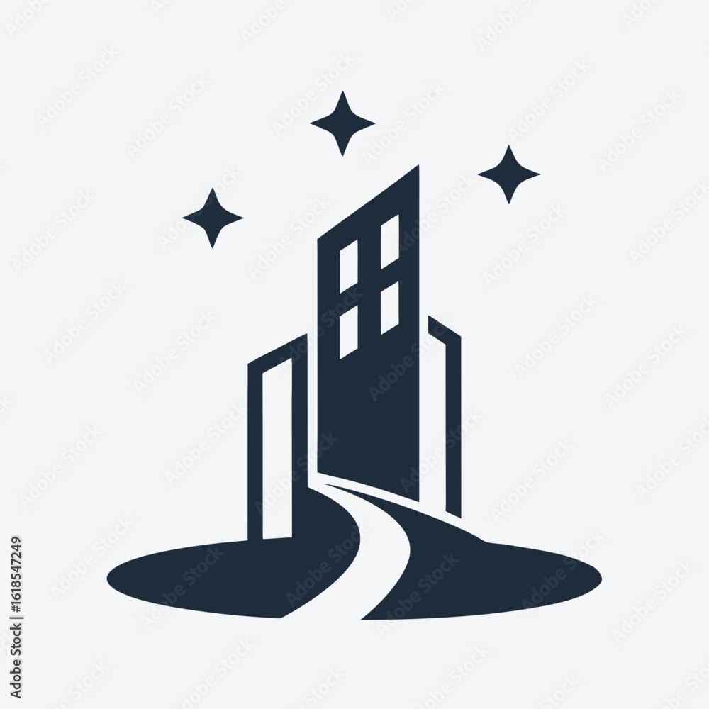 Poster modern building logo with clean path and sparkle icons vector.