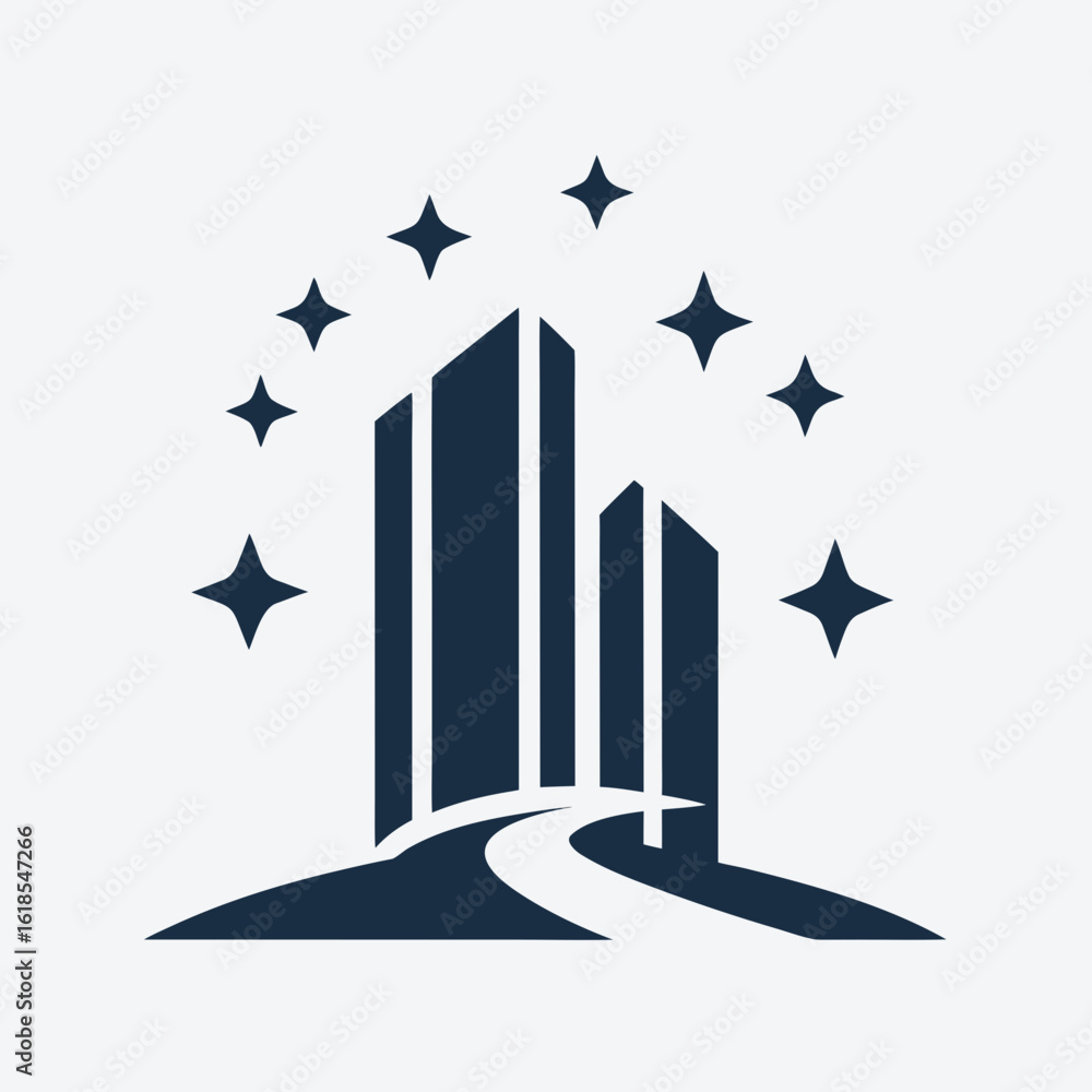Poster modern building logo with clean path and sparkle icons vector.
