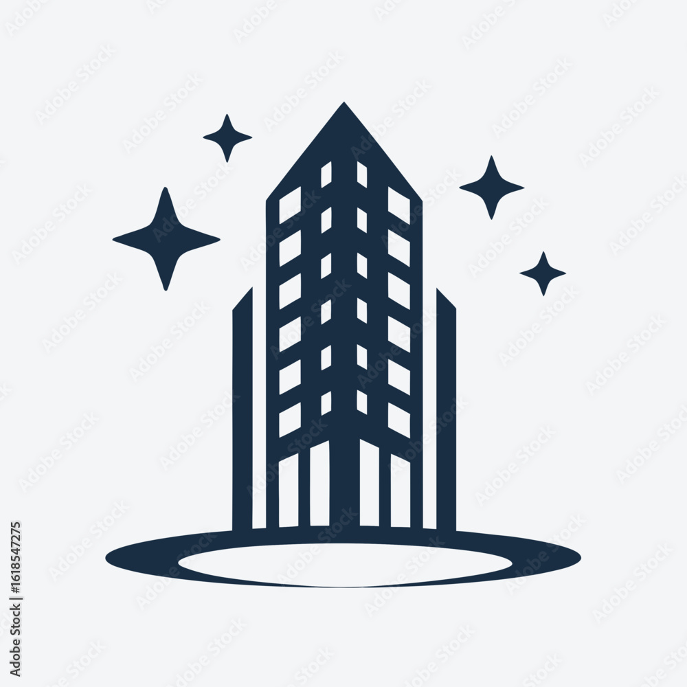 Poster modern building logo with clean path and sparkle icons vector.