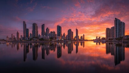 Fototapeta premium Sunrise over city skyline reflected in calm water